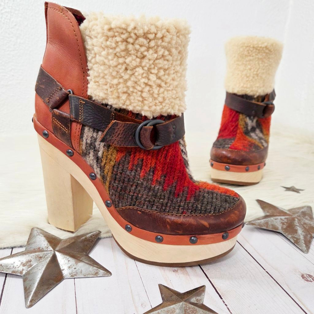 Woolrich Miss Alice shearling boots southwestern horse blanket studded size 10